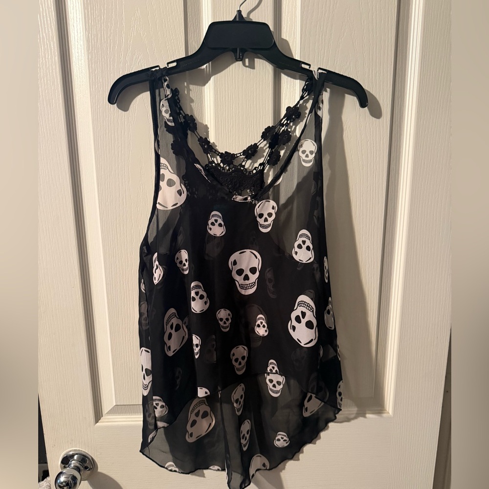 Black Skull Print Sheer high low tank Top